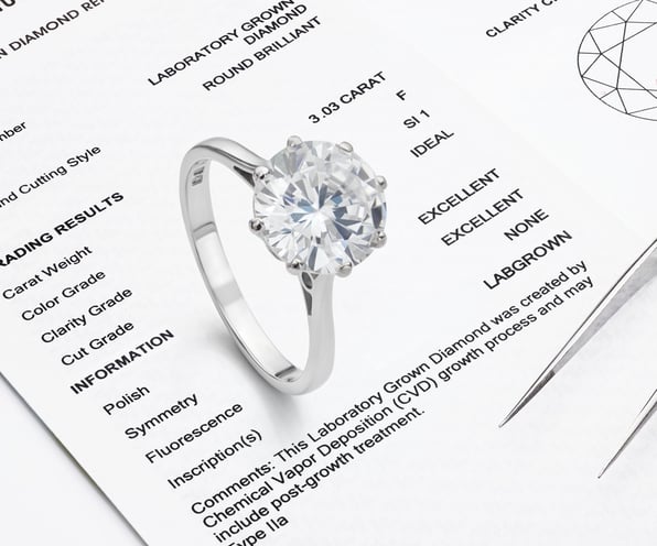  Lab-grown diamond sitting on top of an authenticity certificate. 