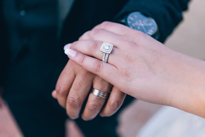 couples wedding rings on hands 