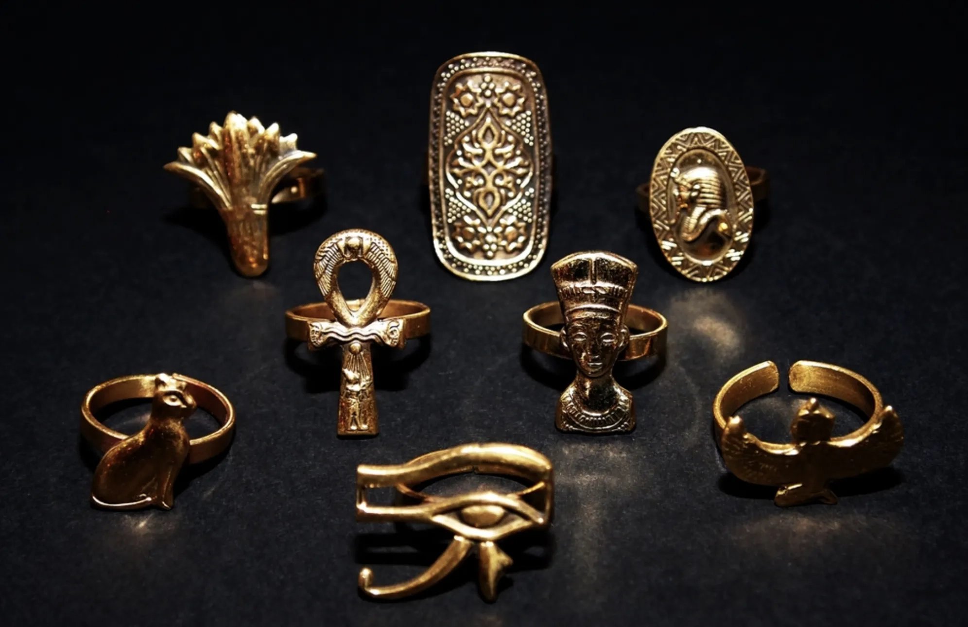 Historical jewellery from Ancient Egypt in a museum collection.